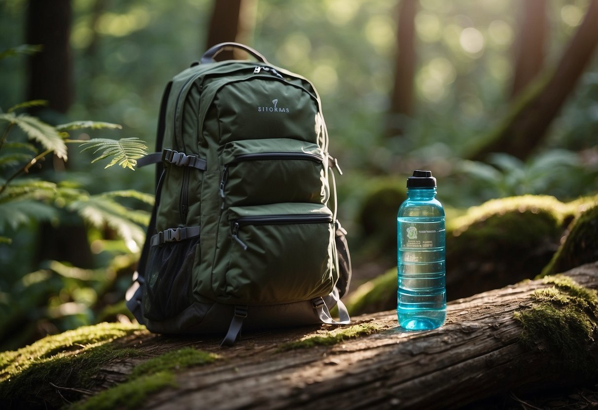 A serene forest with a winding hiking trail, a clear stream, and diverse wildlife. A backpack with reusable water bottles and a map lies near a solar-powered tent