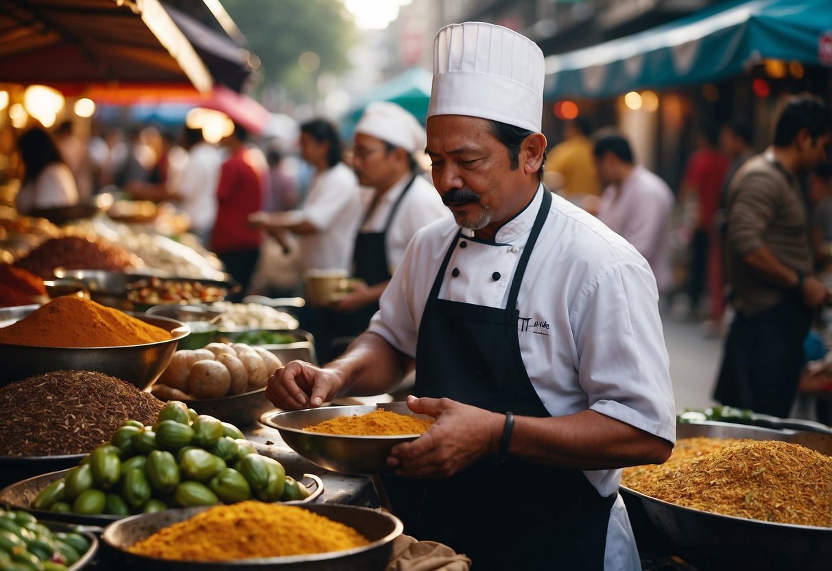 A bustling market with colorful food stalls, exotic spices, and diverse cuisines from around the world. A chef cooks street food while locals and tourists sample dishes