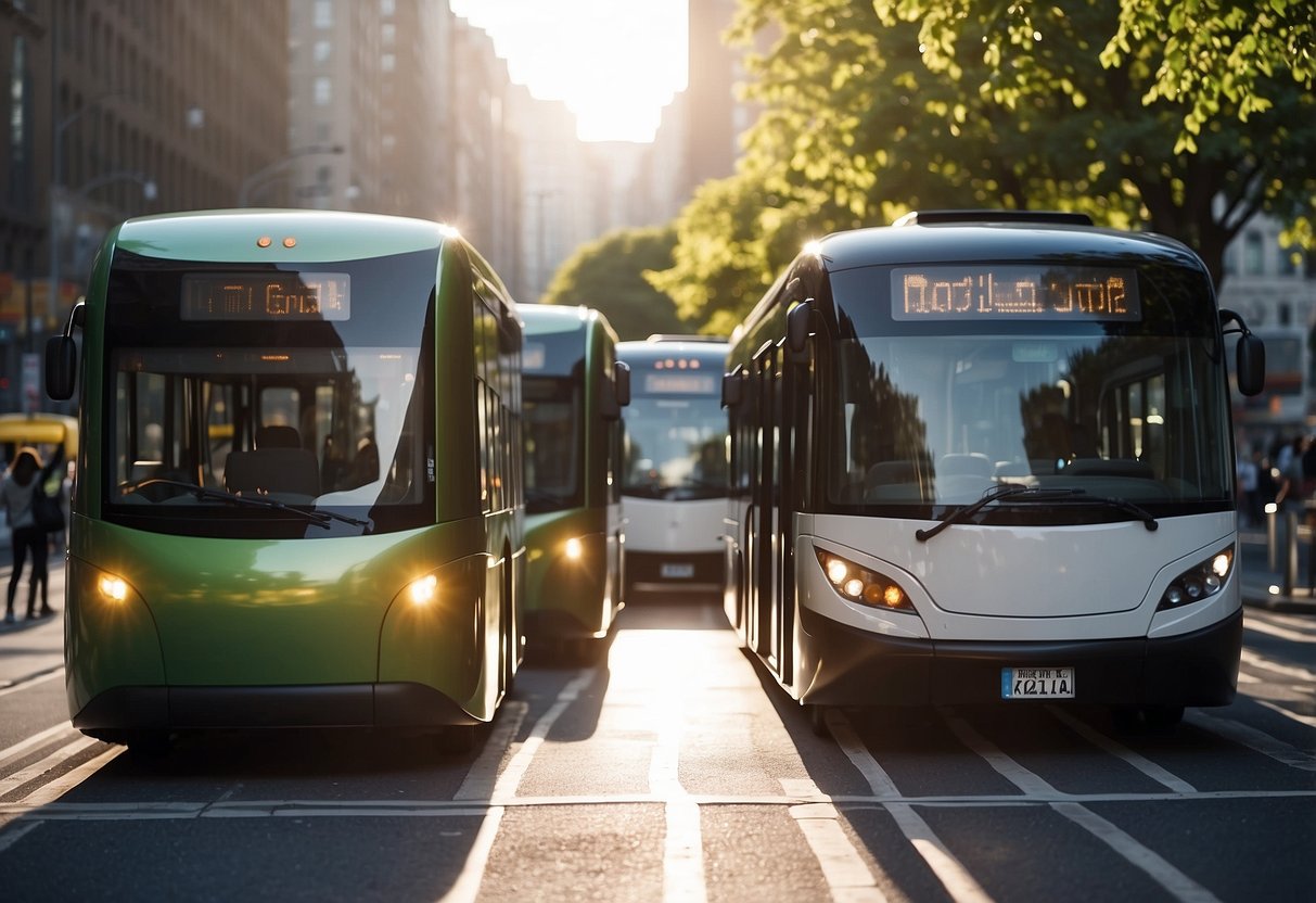 A bustling city street with electric buses, cyclists, and pedestrians. A lush park with solar-powered charging stations for electric vehicles. A train station with commuters boarding a sleek, modern train