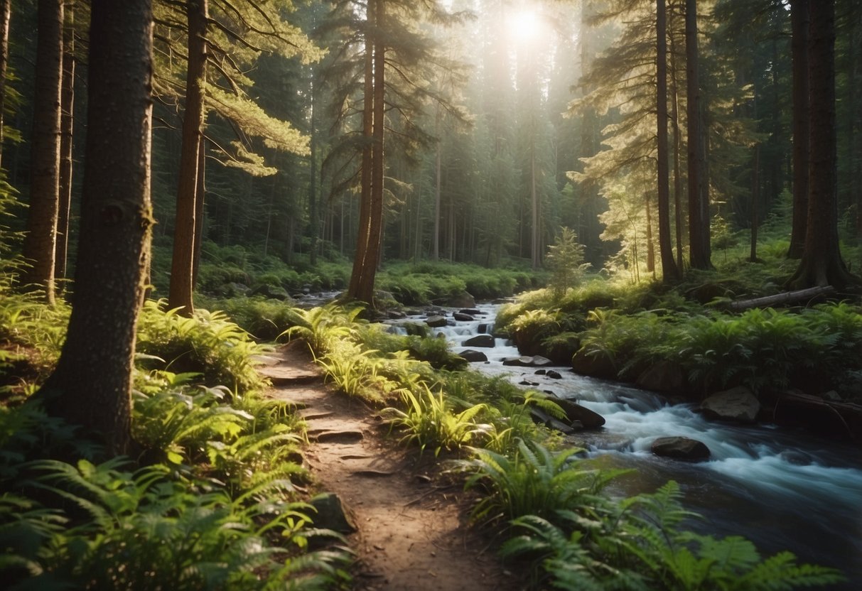 A serene forest with a winding hiking trail, a clear stream, and diverse wildlife. Solar panels power a nearby eco-friendly lodge