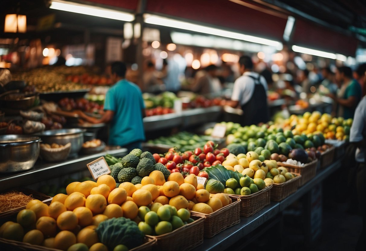 A bustling food market with colorful stalls selling exotic fruits, spices, and street food. Aromas of sizzling meats and fresh herbs fill the air, as vendors call out to passersby, inviting them to sample their hidden culinary delights