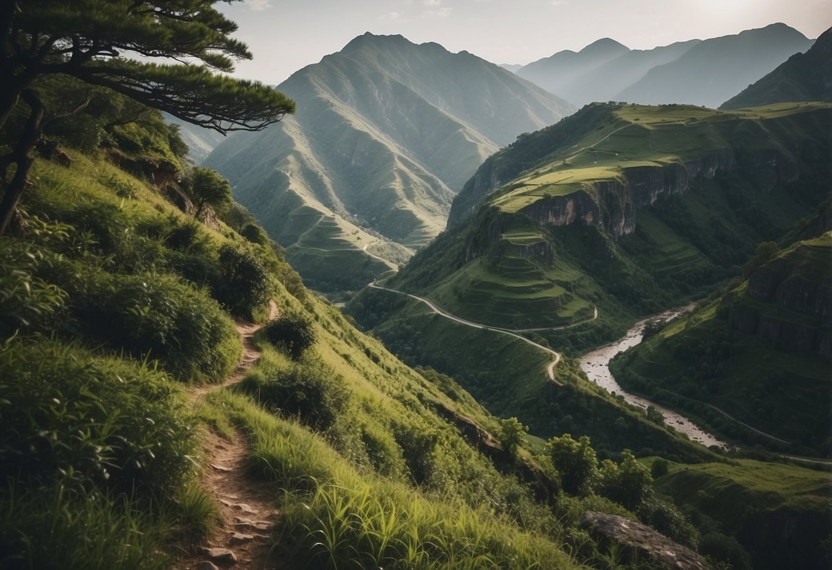 A rugged mountain peak overlooks a hidden valley, where a winding river cuts through lush greenery. A lone trail leads to a secluded village nestled among towering cliffs