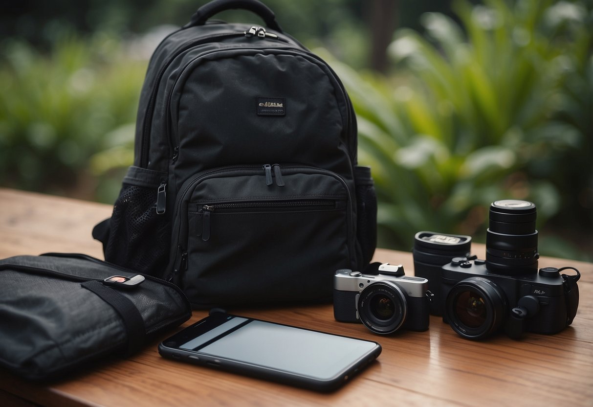 A laptop, smartphone, portable charger, noise-cancelling headphones, and a compact backpack laid out on a table, ready for a digital nomad's next adventure