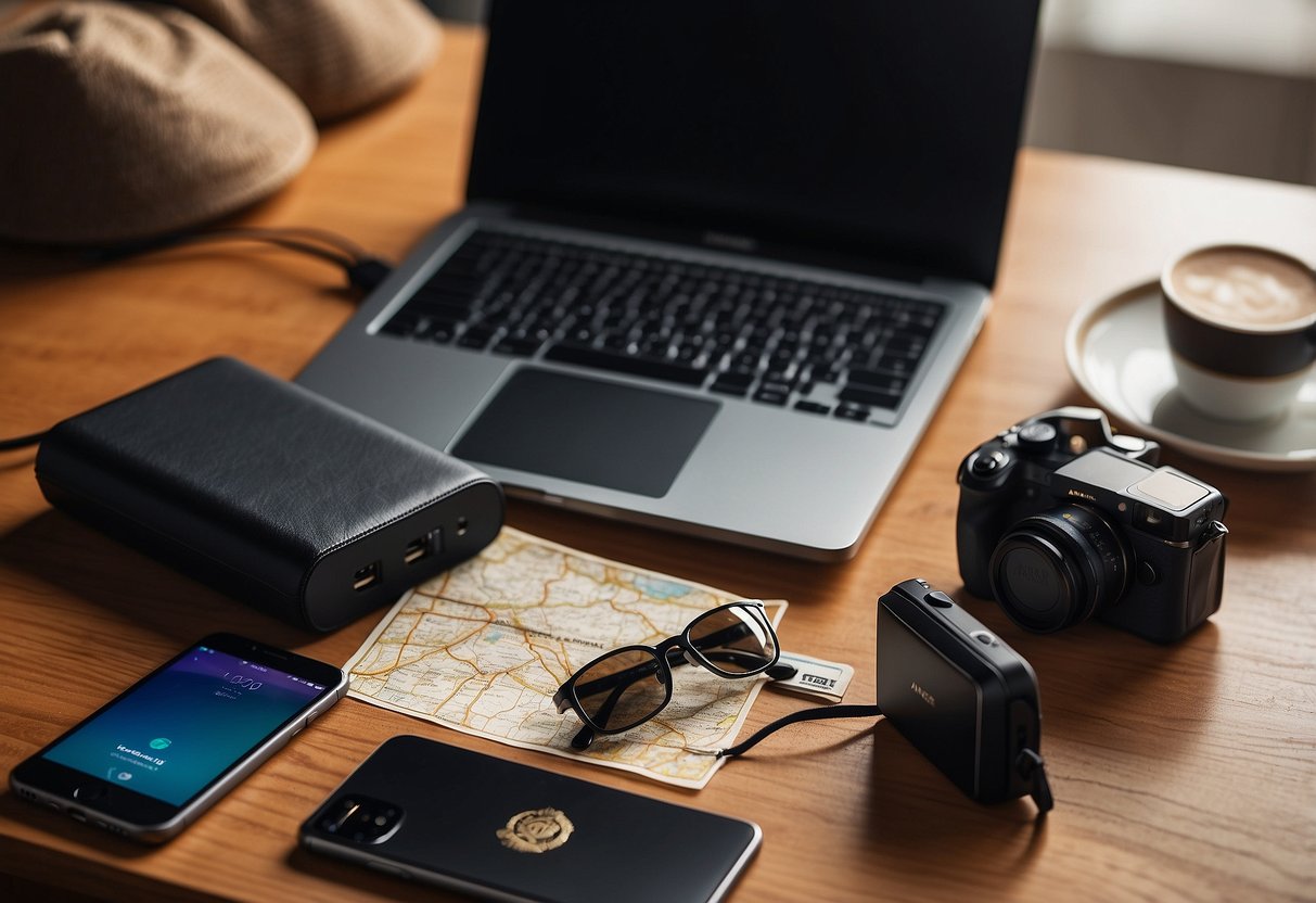 A sleek Anker PowerCore charger sits next to a laptop, camera, and passport. A map and sunglasses complete the travel gear set