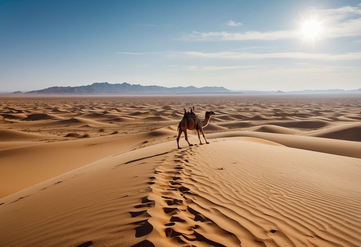 Vast Gobi Desert dunes stretch to the horizon, with sparse vegetation and a clear blue sky. A lone camel caravan treks across the sandy expanse