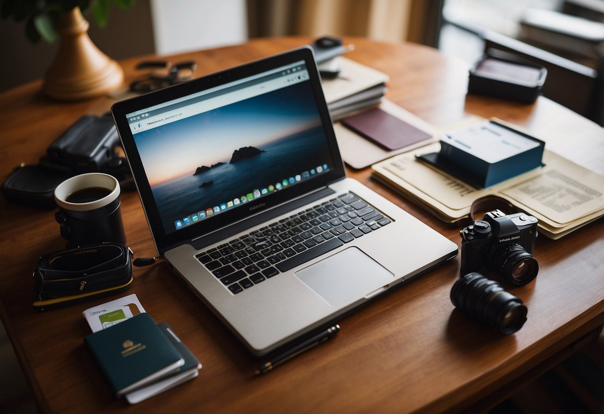 A Moleskine Classic Notebook sits atop a cluttered desk, surrounded by a laptop, camera, passport, and travel guide. The notebook is open to a blank page, ready for new adventures to be written