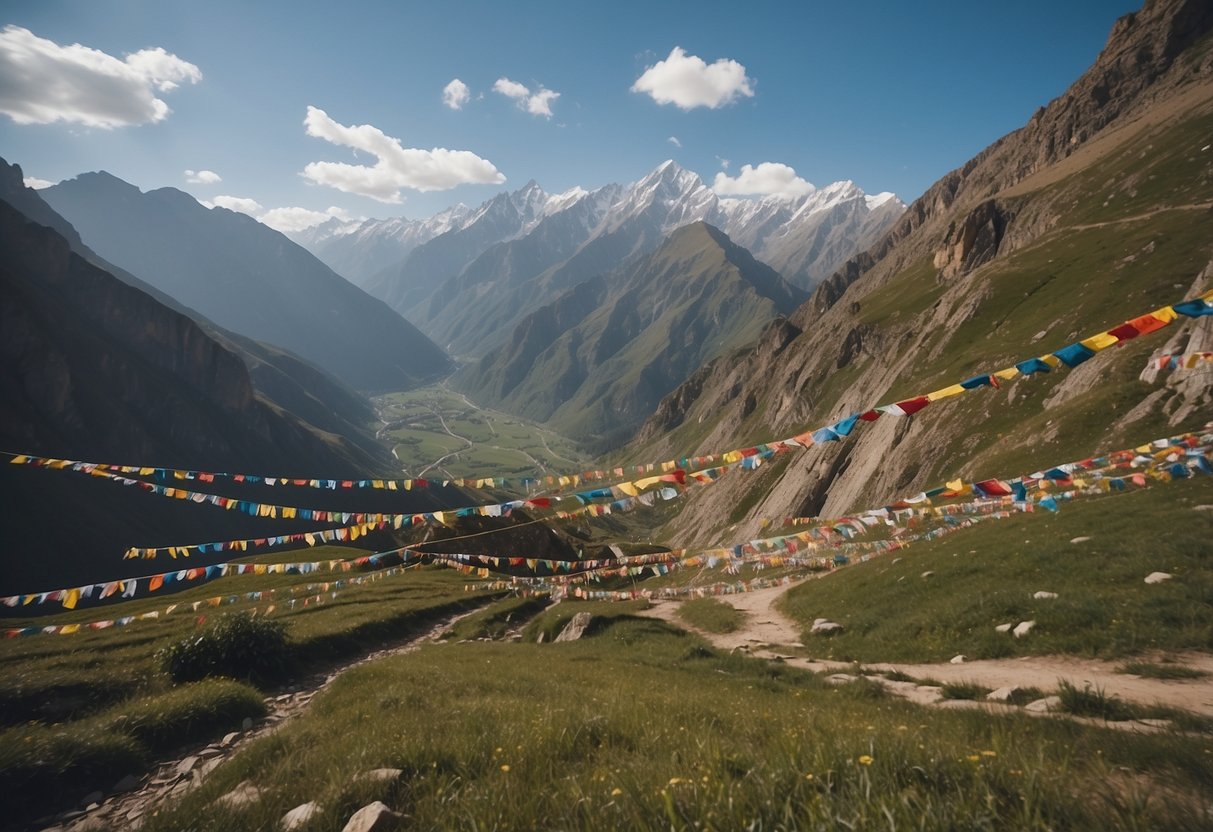 A rugged mountain landscape with winding trails, remote monasteries, and colorful prayer flags fluttering in the wind. Rocky cliffs and lush valleys create a sense of adventure and exploration